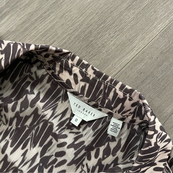 New Ted Baker Bertei Brown Abstract Beaded Trim Ruffle Sheer Blouse - Picture 7 of 10